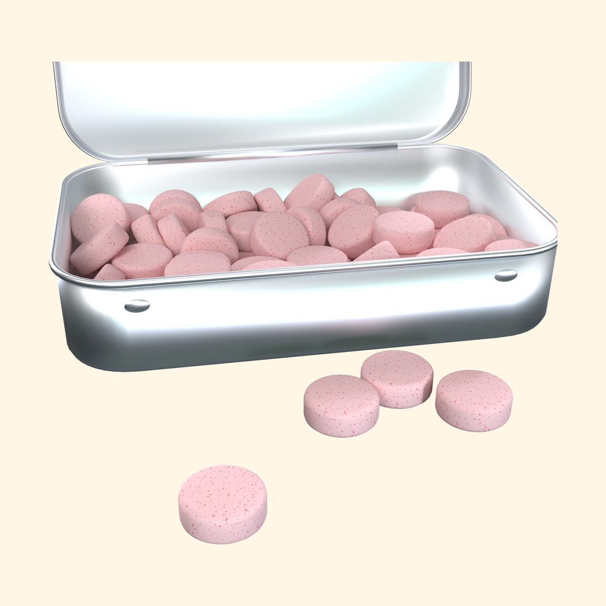 Strawberry caffeinated mints in an open tin, four mints in front